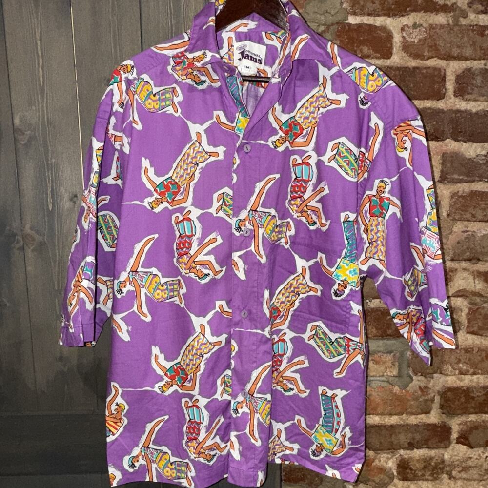 VINTAGE 90’s ORIGINAL JAMS SURF LINE HAWAIIAN SHIRT Purple Dancer/Skater Med EUC